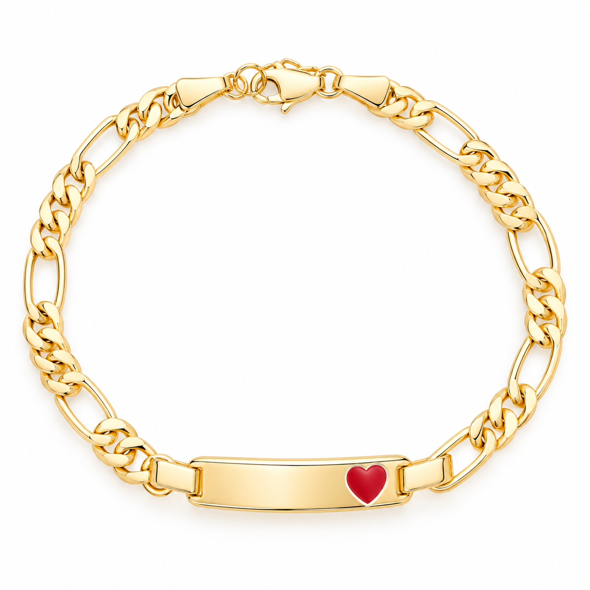 Personalized Kids Gold Figaro ID Bracelet with Red Heart – 6 Inch