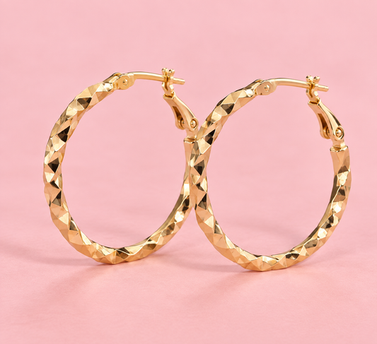 14K Gold Plated Diamond-Cut Hoop Earrings – 2 Sizes