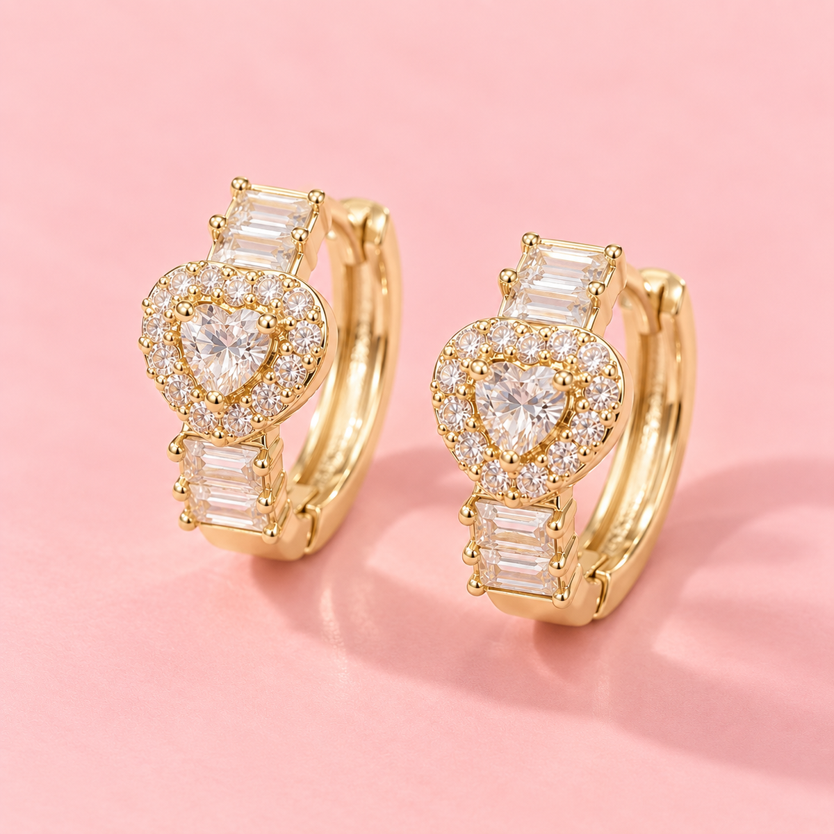 14K Gold Plated Heart Crystal Huggie Earrings