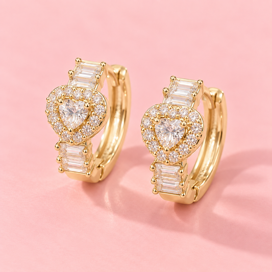 14K Gold Plated Heart Crystal Huggie Earrings