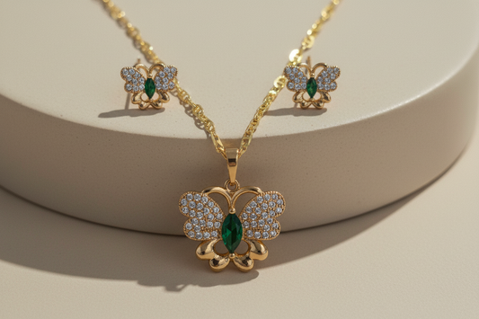 Set Butterfly Gold Filled 14K Oro 14K set de mariposas de colores aretes y cadena necklace and earrings - Fui Fuiu Jewelry