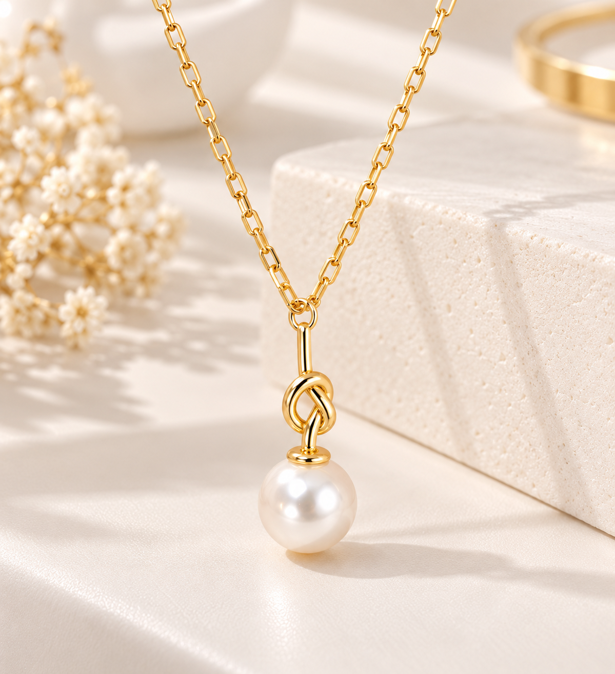 14K Gold Plated Pearl Knot Necklace