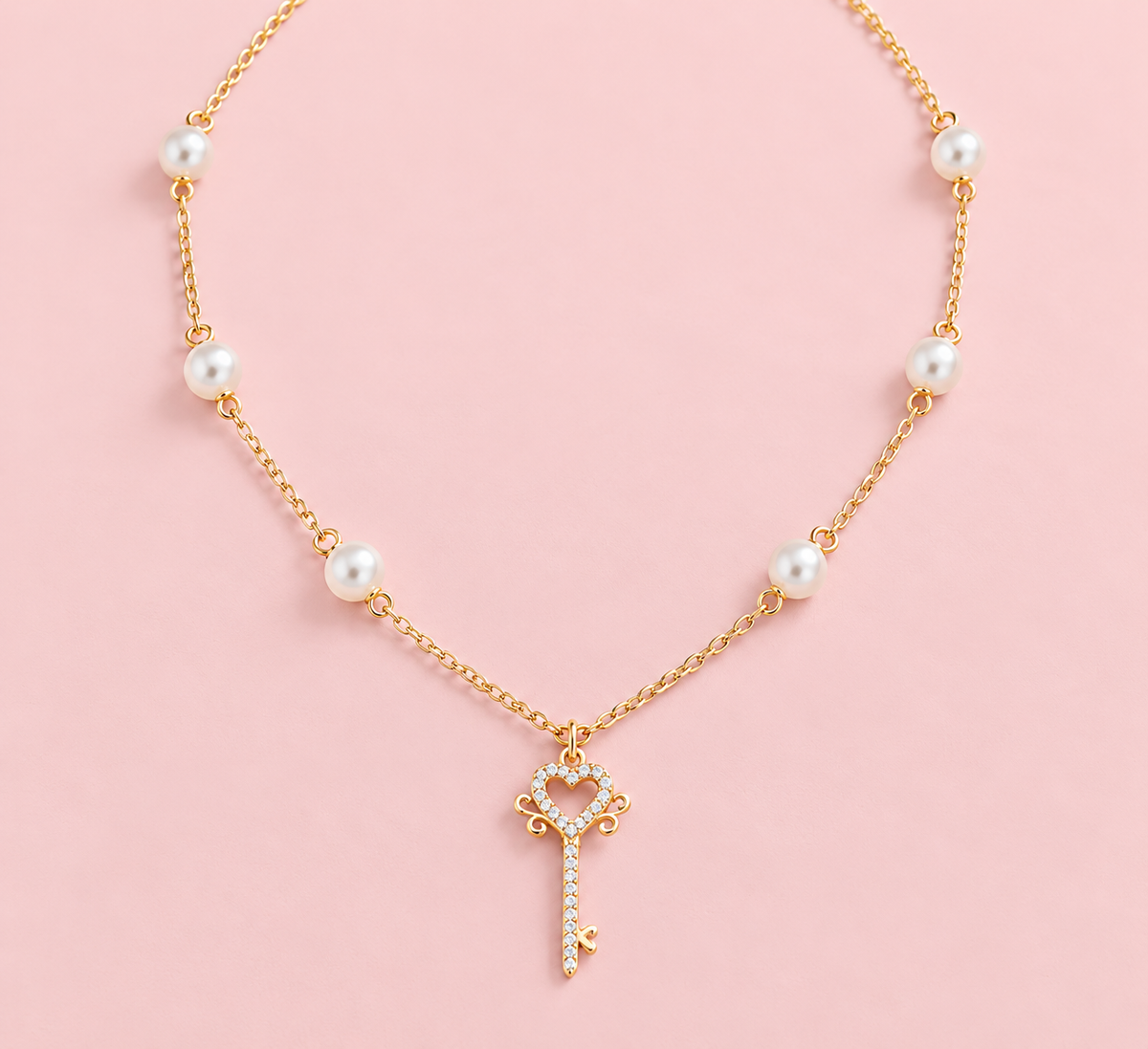 Pearl & Crystal Heart Key Necklace – 14K Gold Plated