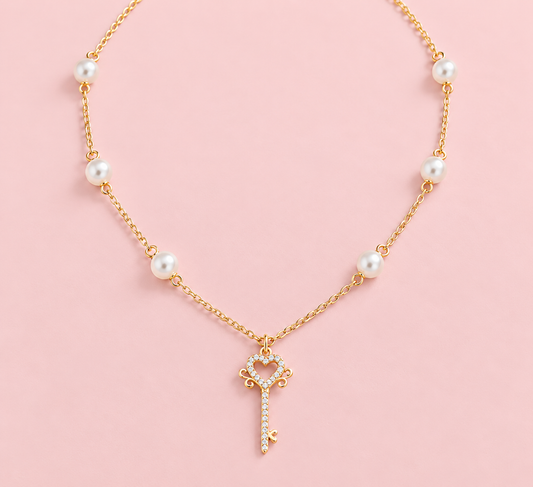 Pearl & Crystal Heart Key Necklace – 14K Gold Plated