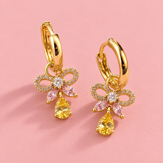 14K Gold Plated Crystal Butterfly Drop Earrings