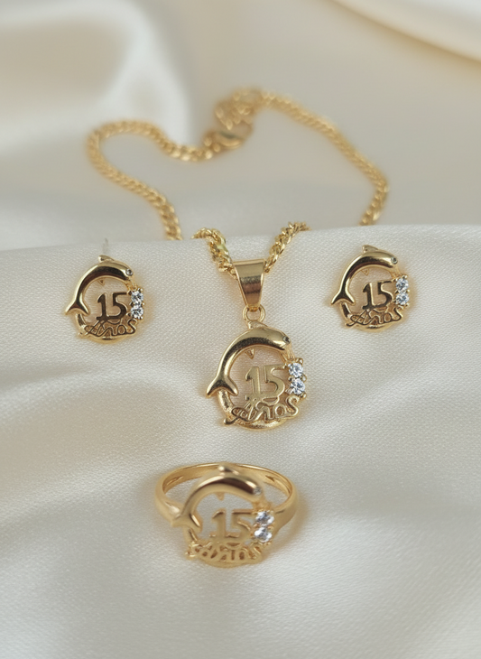 15's earring aretes quinceañera  14K Gold filled laminado set necklace ring anillo cadena y aretes de 15 quinceañera - Fui Fuiu Jewelry