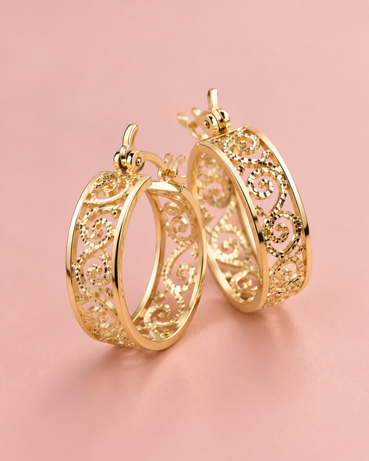 14K Gold Plated Filigree Hoop Earrings
