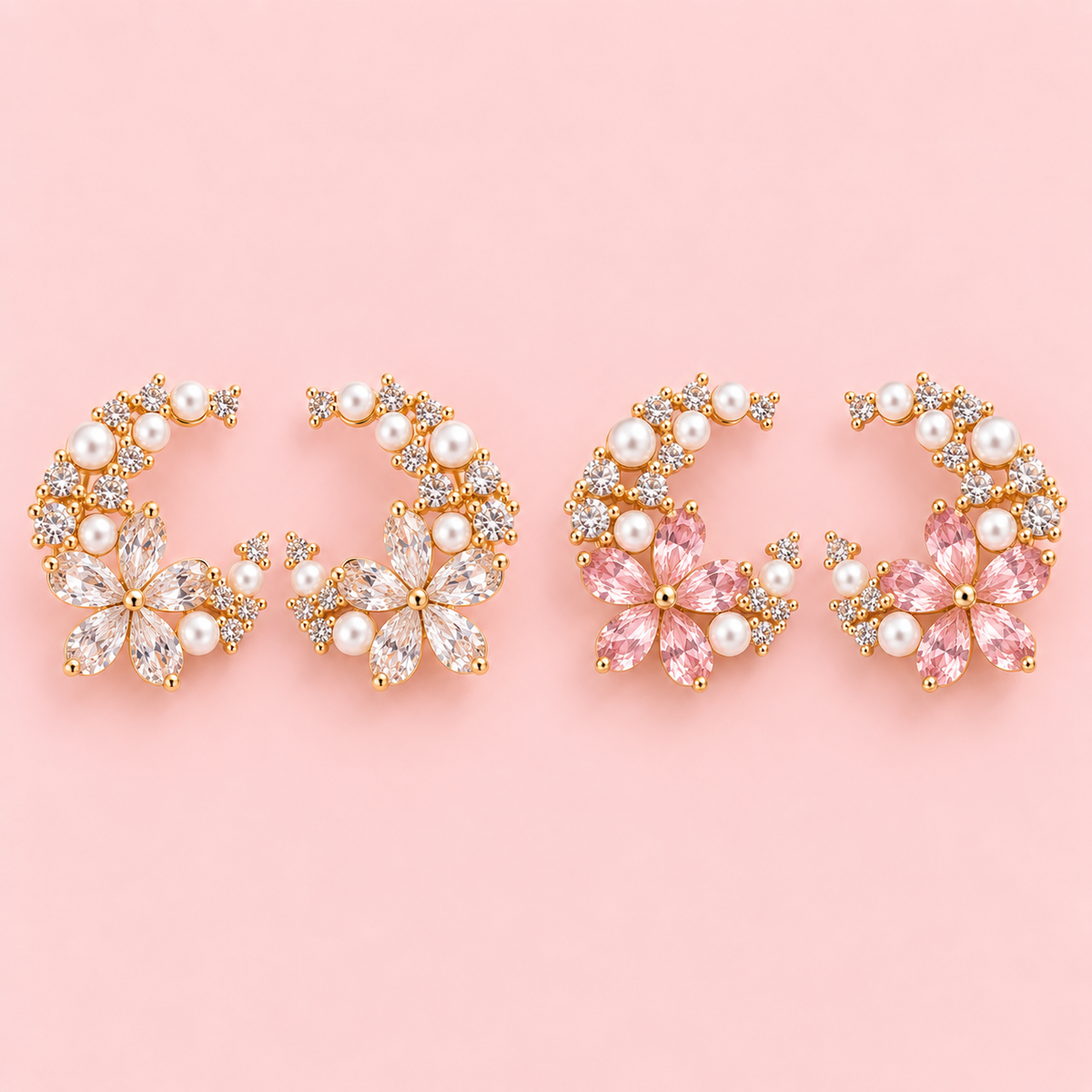 Pearl & Crystal Flower Earrings – 14K Gold Plated