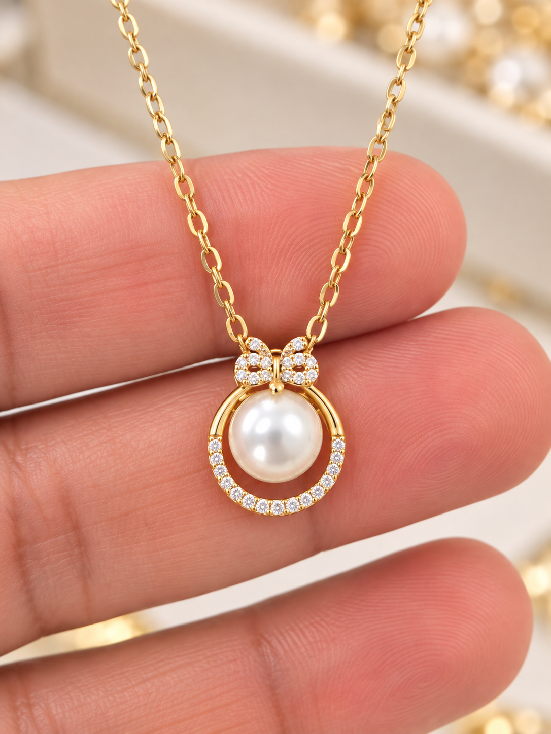 14K Gold Plated Pearl Bow Necklace