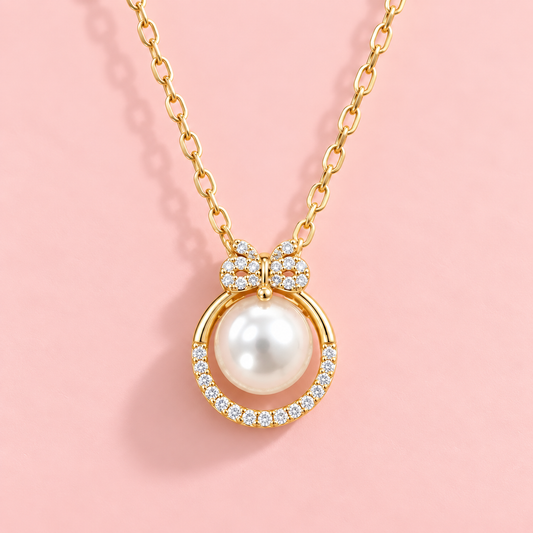14K Gold Plated Pearl Bow Necklace