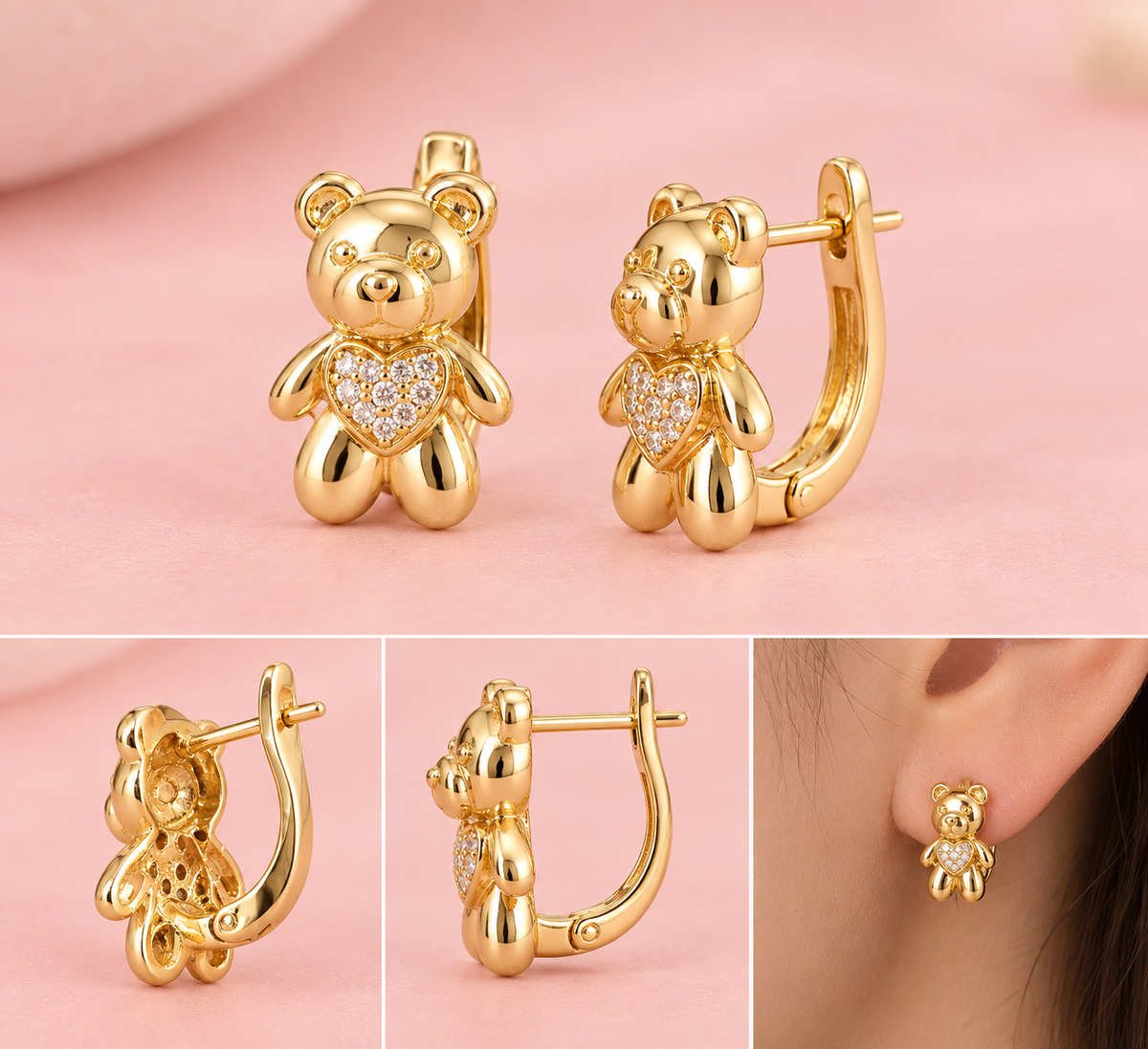 14K Gold Plated Teddy Bear Heart Huggie Earrings