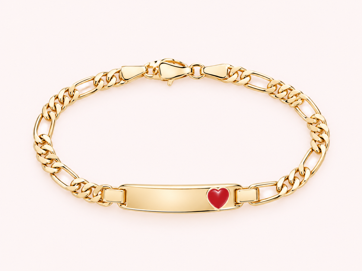 Personalized Kids Gold Figaro ID Bracelet with Red Heart – 6 Inch