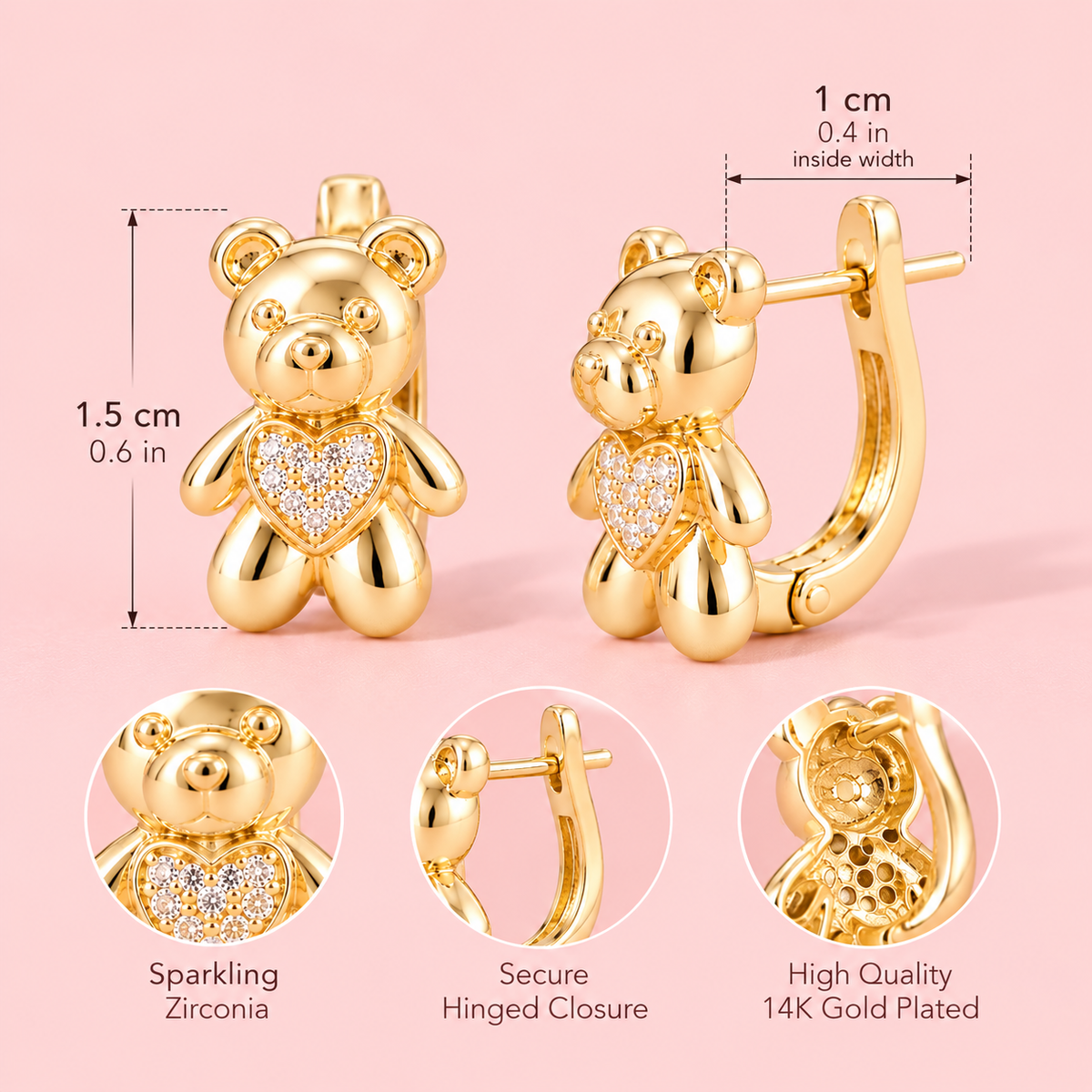 14K Gold Plated Teddy Bear Heart Huggie Earrings