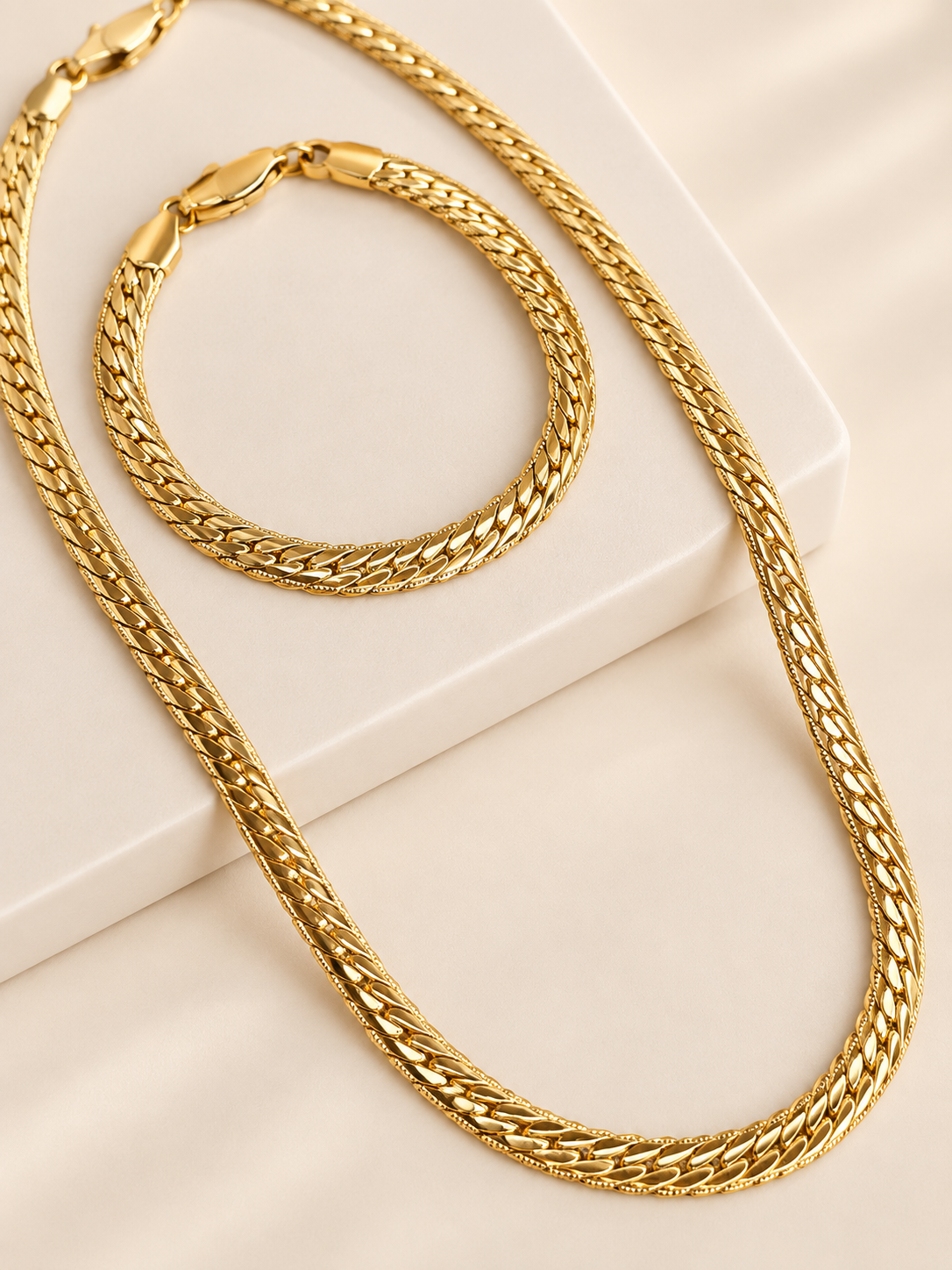 14K Gold Plated Cuban Link Necklace & Bracelet Set