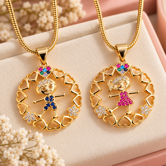 Boy & Girl Pendant  Necklace – 14K Gold Plated Heart Charms