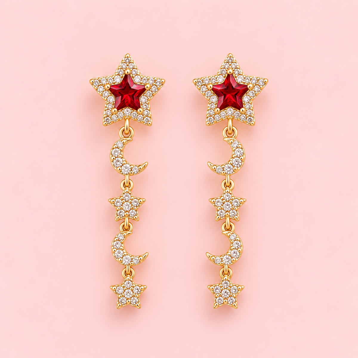 Crystal Star & Moon Drop Earrings – 14K Gold Plated