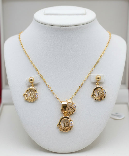 15's ring necklace and earrings quinceañera  14K Gold filled set laminado rings anillo aretes - Fui Fuiu Jewelry
