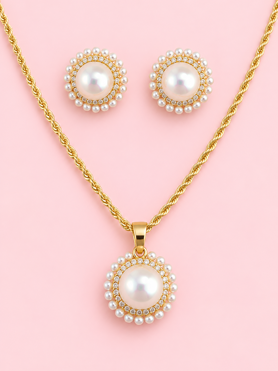 Elegant Pearl & Crystal Jewelry Set – 14K Gold Plated