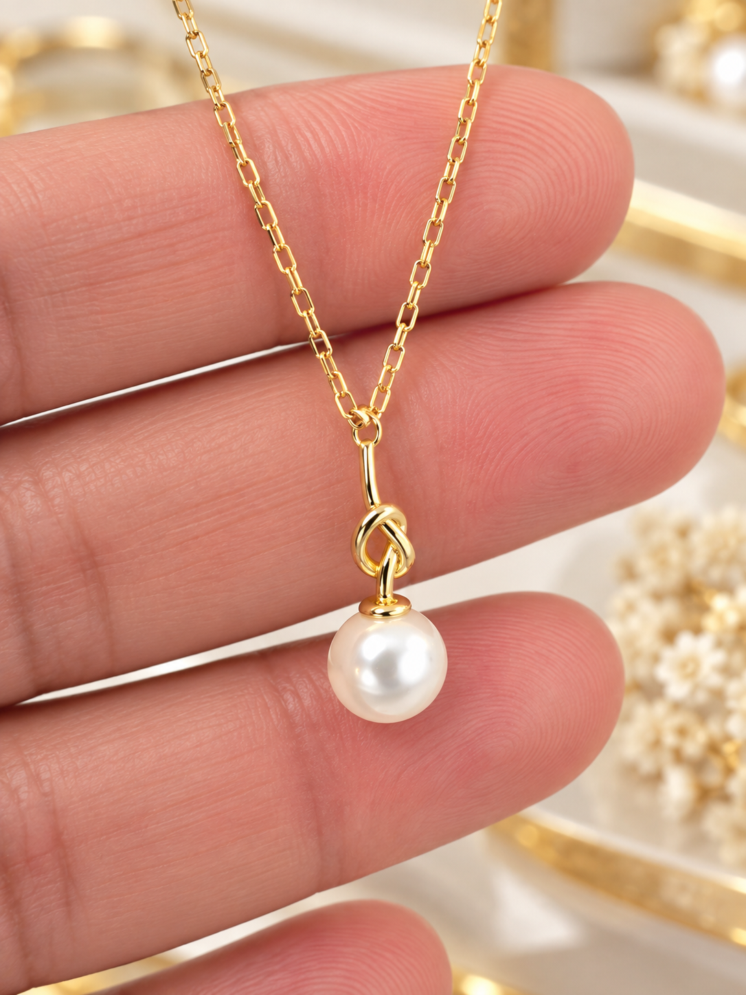 14K Gold Plated Pearl Knot Necklace