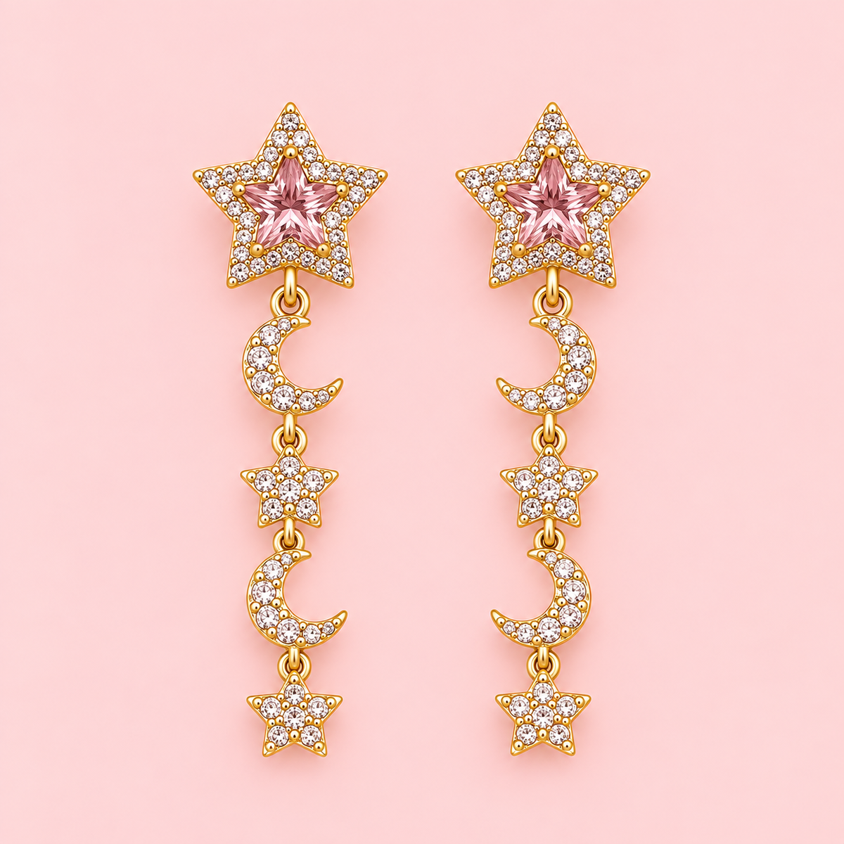 Crystal Star & Moon Drop Earrings – 14K Gold Plated