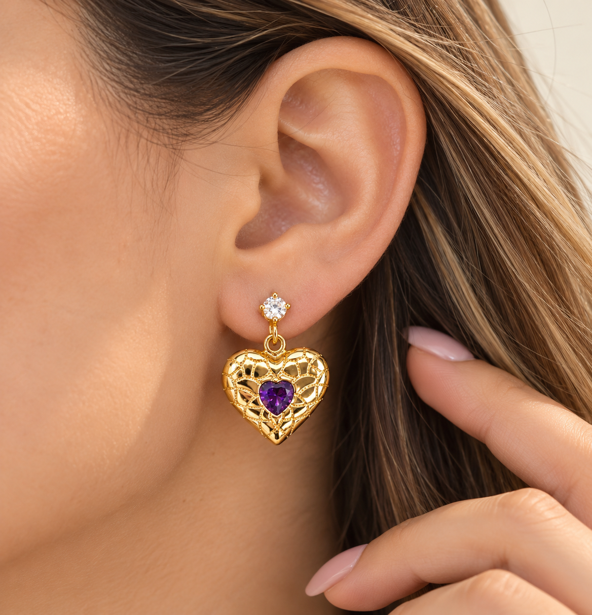 Purple Crystal Heart Drop Earrings – 14K Gold Plated