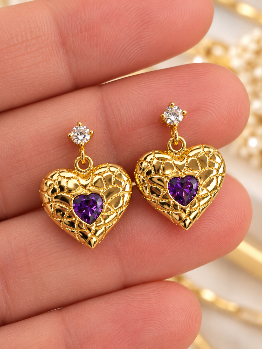 Purple Crystal Heart Drop Earrings – 14K Gold Plated