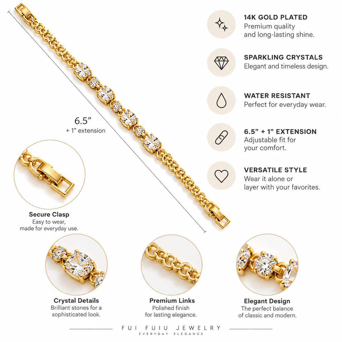 14K Gold Plated Crystal Link Bracelet – Elegant Statement Bracelet
