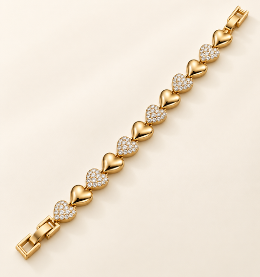 14K Gold Plated Heart Link Bracelet – Pavé Heart Chain