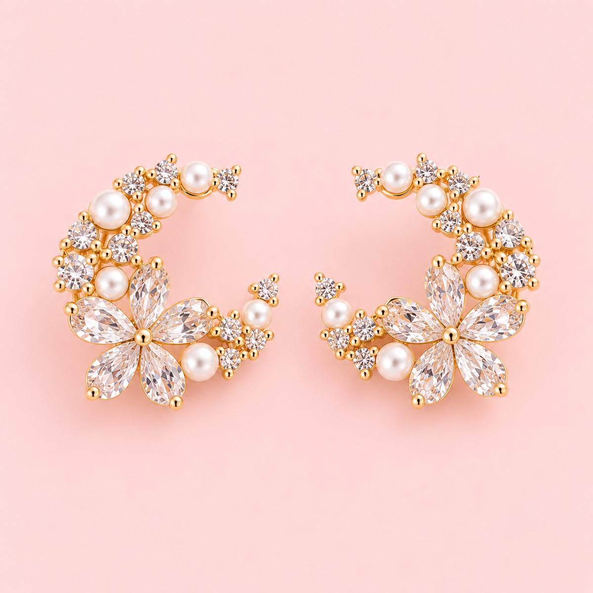 Pearl & Crystal Flower Earrings – 14K Gold Plated