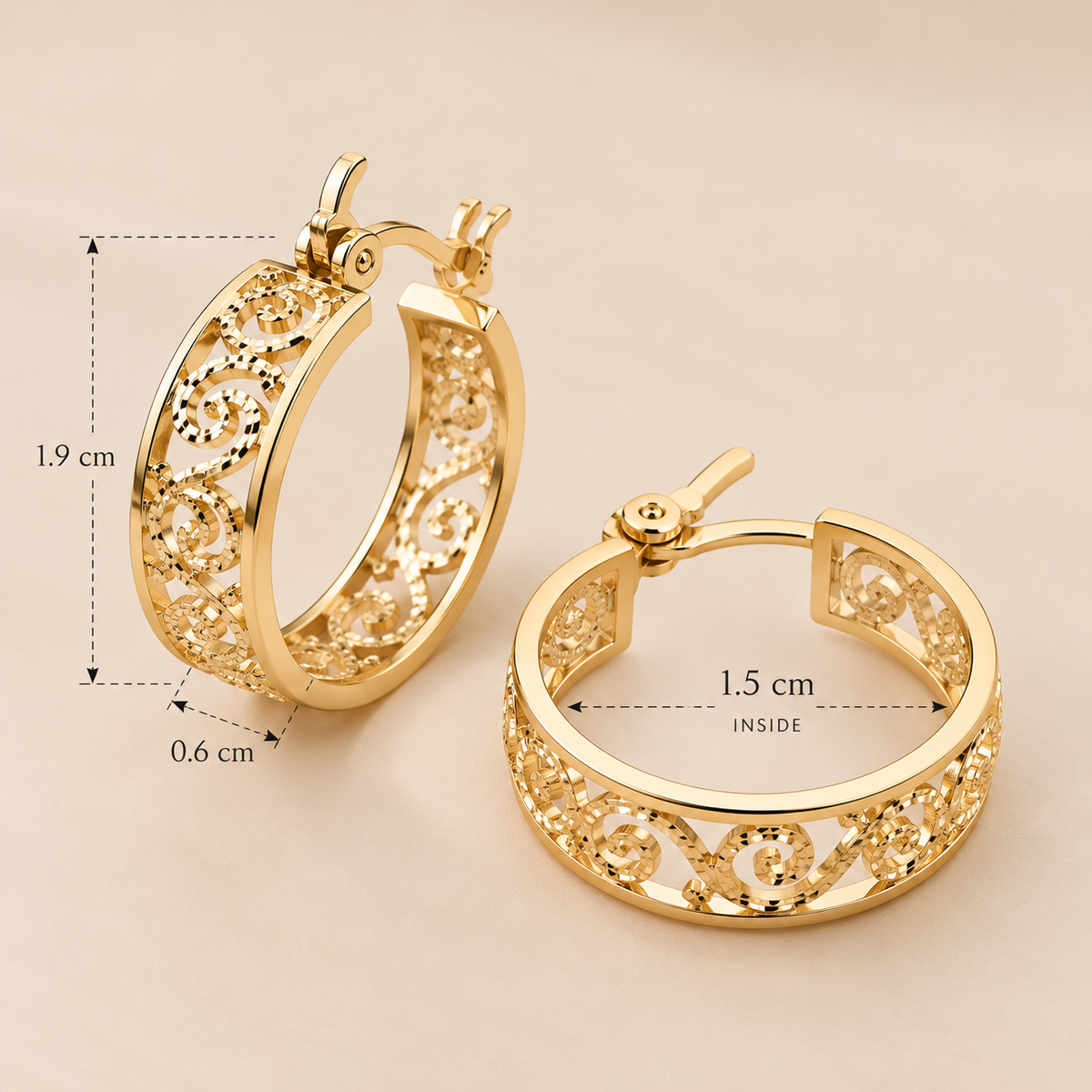 14K Gold Plated Filigree Hoop Earrings