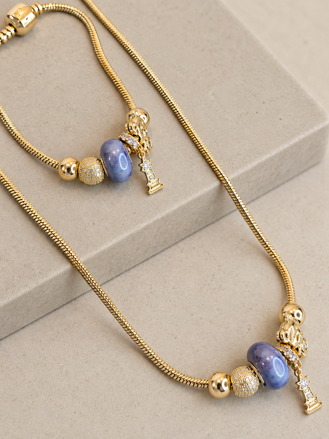 Purple Beaded Gold Charm Set Necklace and bracelet – 14K Gold Plated