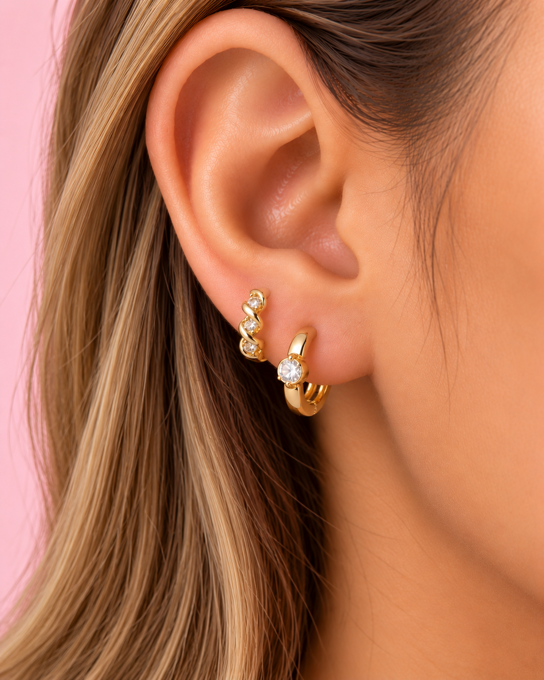 14K Gold Plated Mini Crystal Huggie Earrings – 1 cm