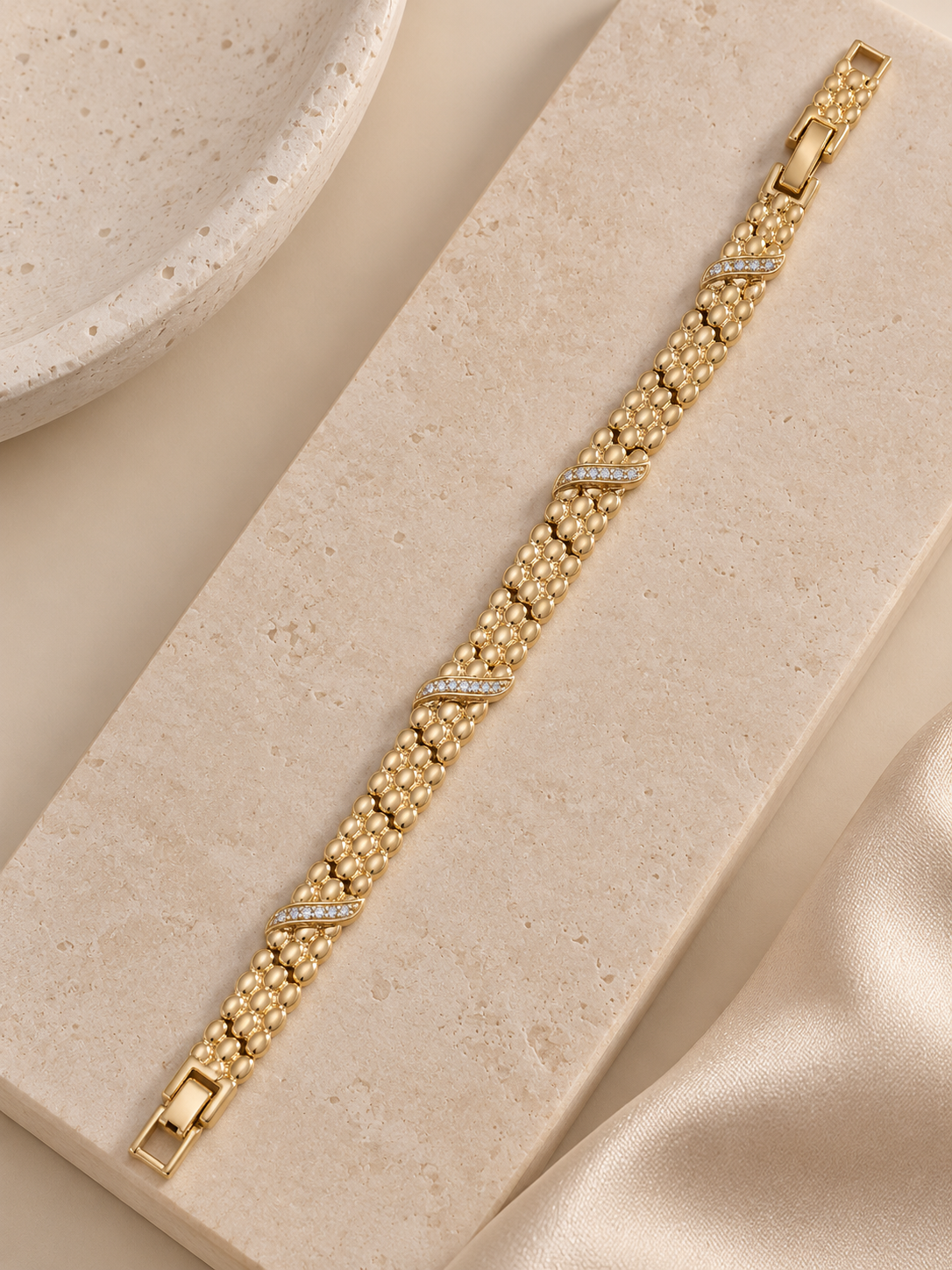 14K Gold Plated Beaded Link Bracelet with Pavé Accents