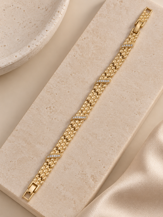 14K Gold Plated Beaded Link Bracelet with Pavé Accents
