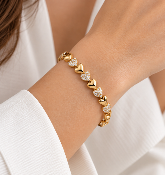 14K Gold Plated Heart Link Bracelet – Pavé Heart Chain