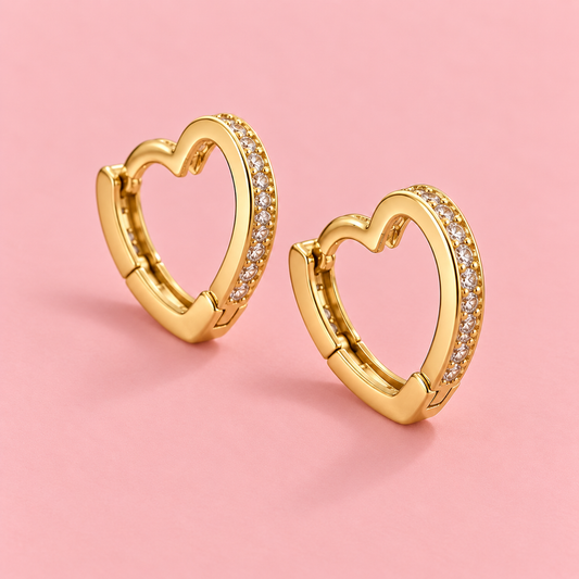 14K Gold Plated Crystal Heart Hoop Earrings