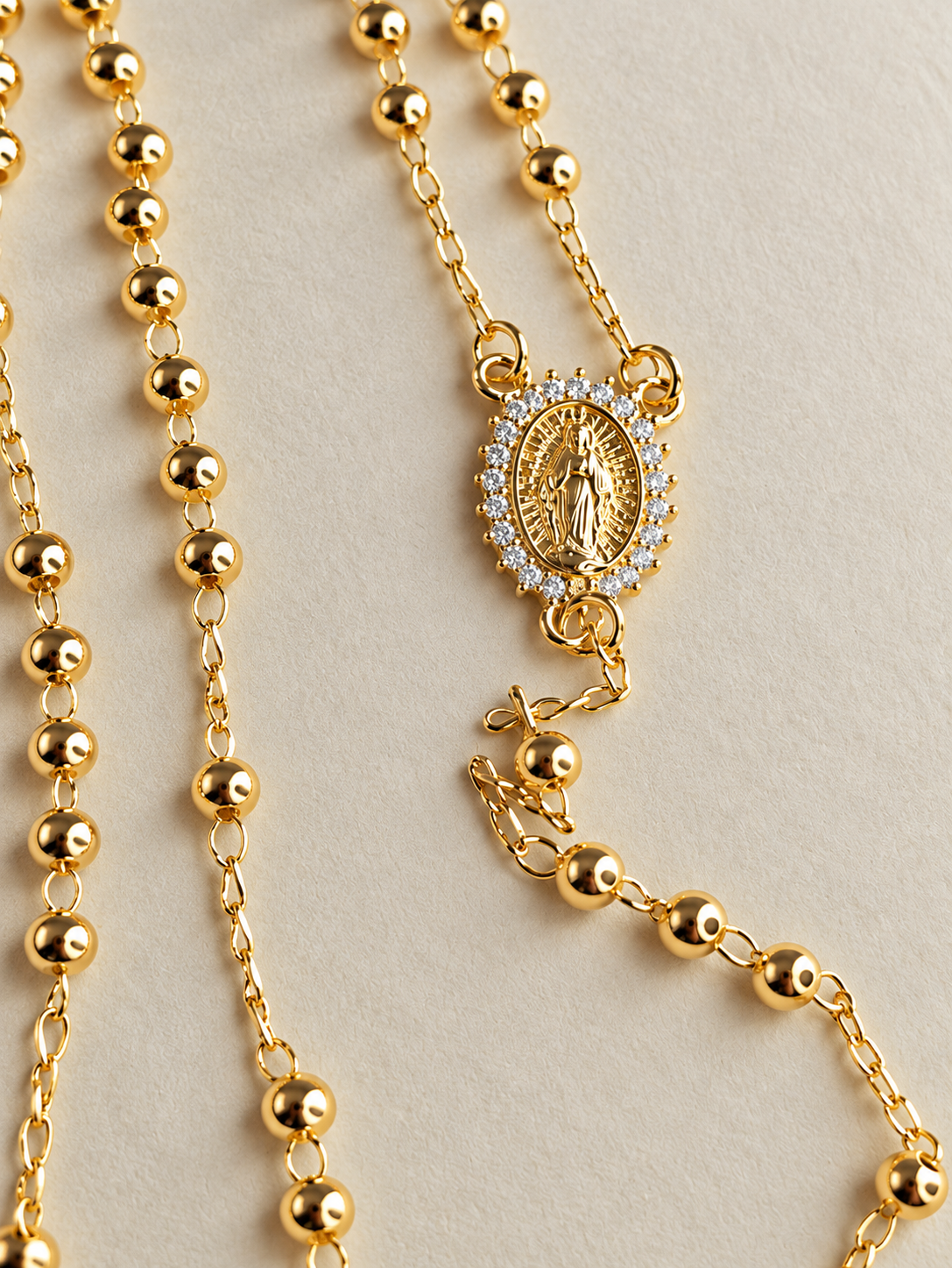 Miraculous Medal Gold Rosary Necklace – 24 Inch | 3 mm Beads