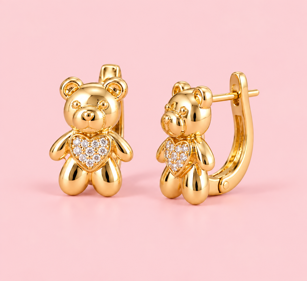 14K Gold Plated Teddy Bear Heart Huggie Earrings