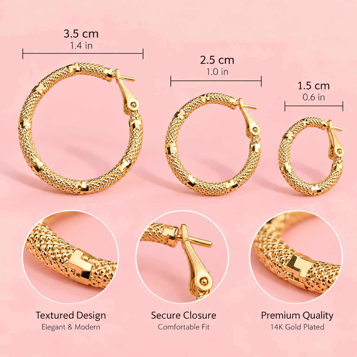 14K Gold Plated Textured Hoop Earrings – 3 Sizes
