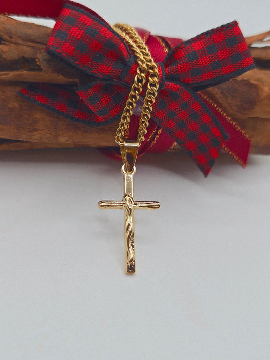 Small cross 14K laminated gold Cadena acero Oro Brasilero diseno de crucifijo pequeno - Fui Fuiu Jewelry