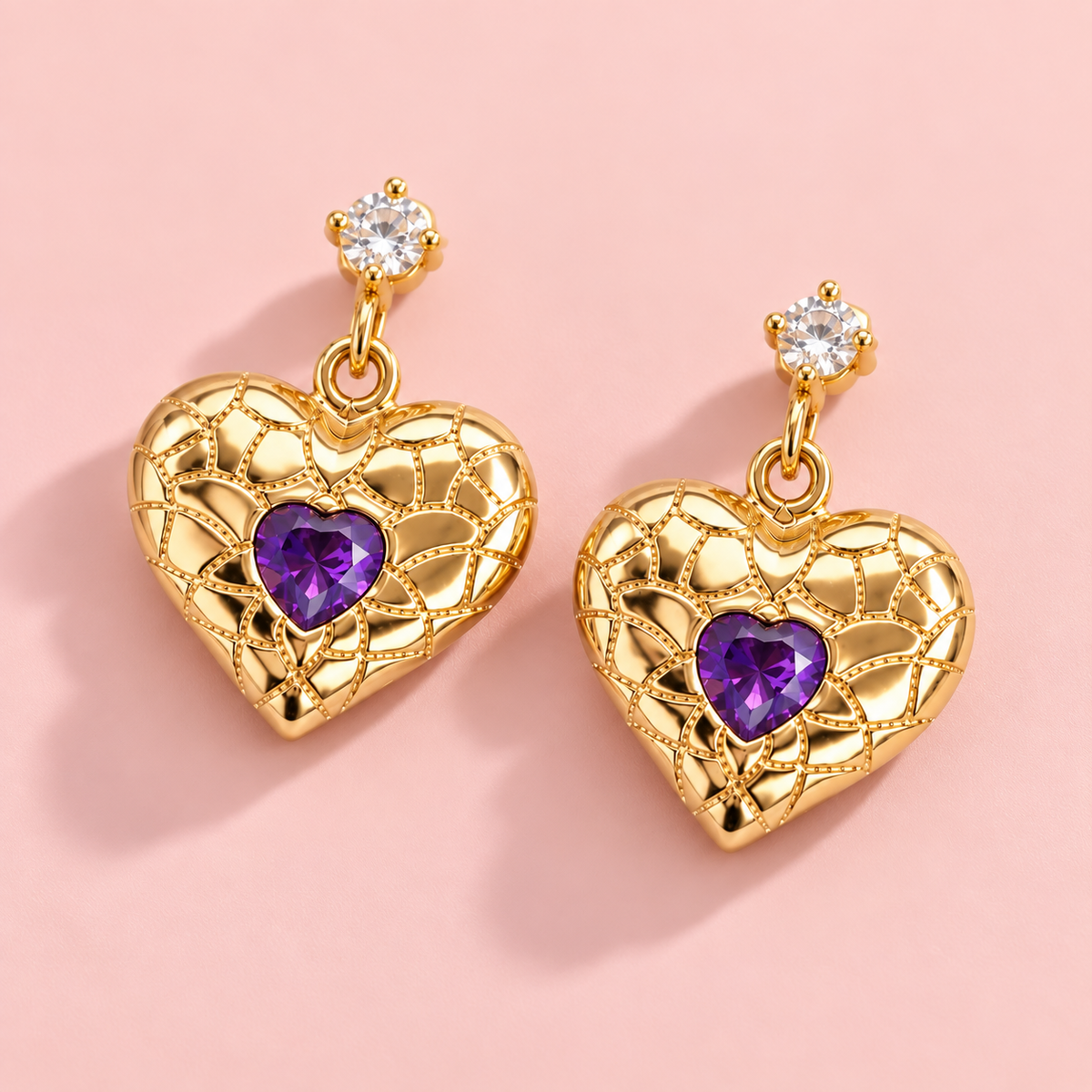 Purple Crystal Heart Drop Earrings – 14K Gold Plated