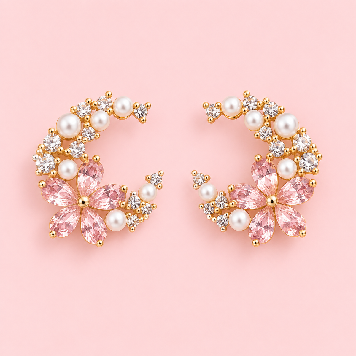 Pearl & Crystal Flower Earrings – 14K Gold Plated