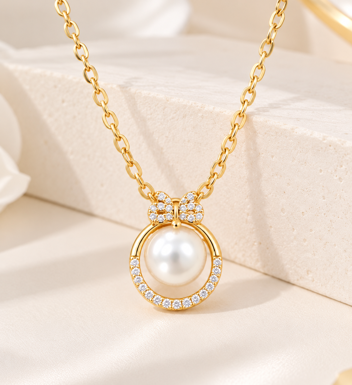 14K Gold Plated Pearl Bow Necklace