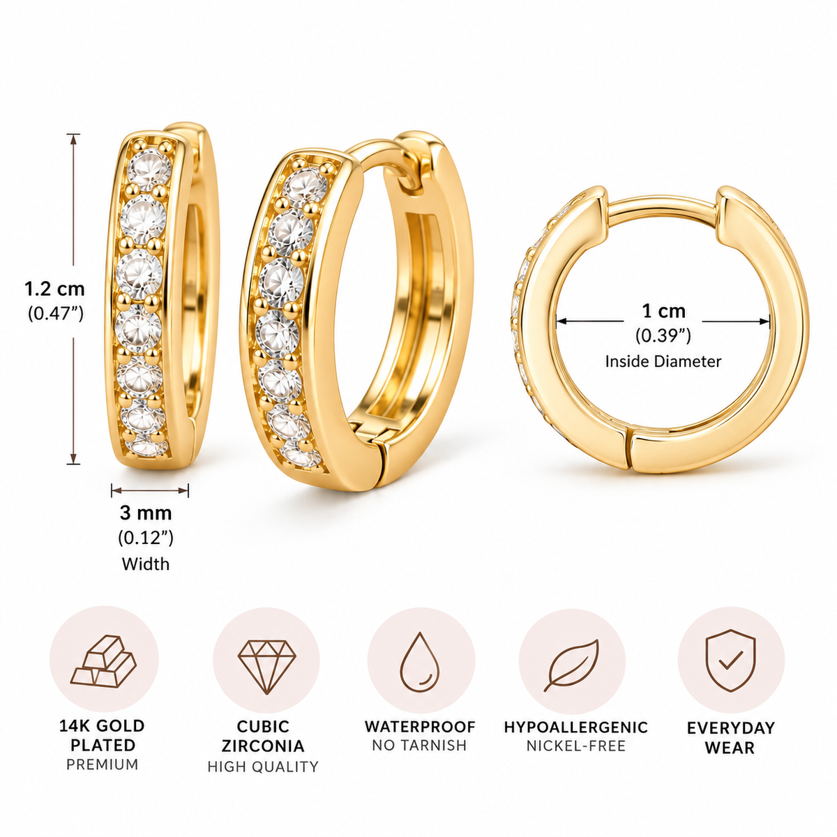 14K Gold Plated Mini Zirconia Huggie Earrings – 1 cm